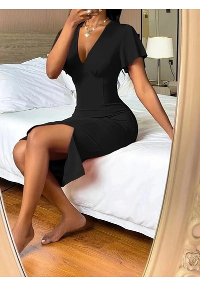 Valensdesign Kadın Kısa Kollu Derin Dekolte V Yakalı Yırtmaçlı Midi Janjan Krep Elbise Siyah Valensdesign Kadın Kısa Kollu Derin Dekolte V Yakalı Yırtmaçlı Midi Janjan Krep Elbise Siyah