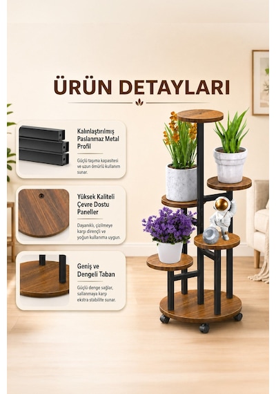 Metal 5 Katlı Tekerlekli Çiçeklik Saksılık Daire Model Dekoratif Bitki Rafı Ahşap