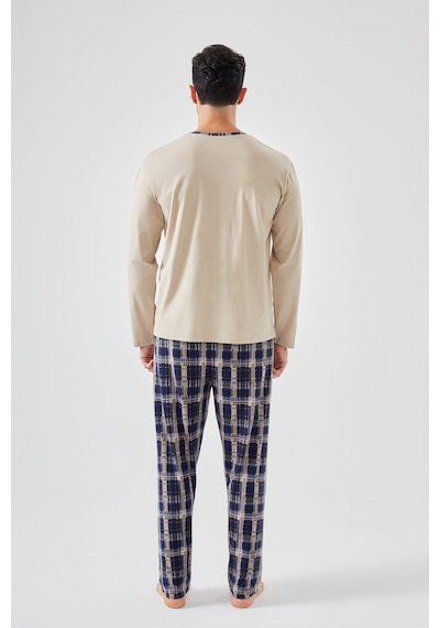 Erkek Pamuklu Uzun Kollu Ekose Desenli Cepli Pijama Takımı Ke77618 Krem