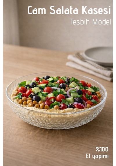 El Yapımı Cam, Büyük Boy Tesbih Model Salata Kasesi - Bowl Kasesi Şeffaf