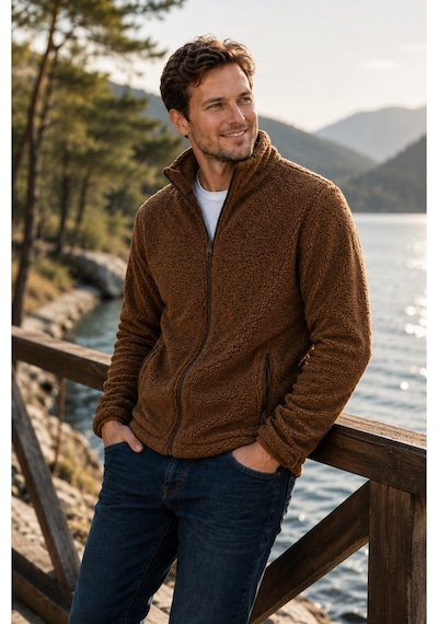 Luxıc Core Erkek Peluş Mont Slim Fit Dik Yaka Fermuarlı Cepli Günlük Spor Ceket Kahverengi