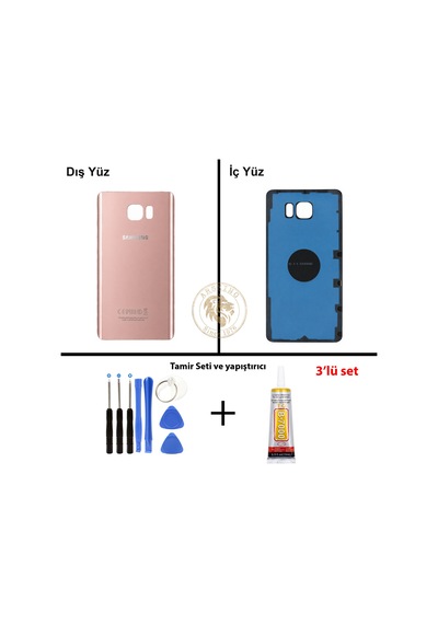 Samsung Galaxy Note 5 Rose Gold Renk Arka Kapak + Tamir Seti + B7000 Yapıştırıcı Arka Cam Batarya Kapağı Pil Kapağı Lazer Kesim Back Cover Galaxy Note 5 Uyumlu
