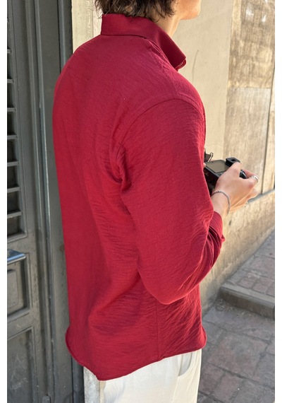 Erkek Oversize Kesim Keten Görünümlü Gömlek Bordo