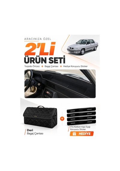 E-biz Renault 9 Broadway 1985-2000 Uyumlu Torpido Örtüsü + Deri Bagaj Çantası Seti - Siyah - Re003