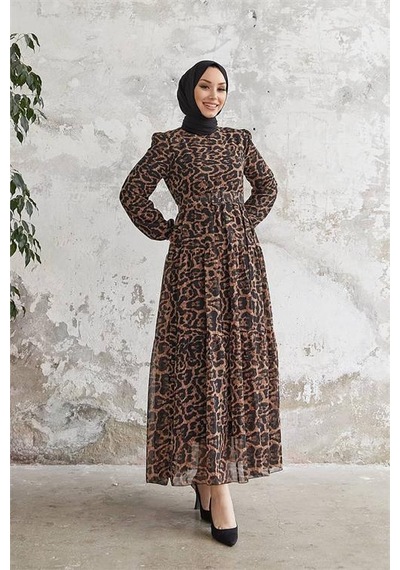 Neşeli Butik Kadın Leopar Desenli İthal Kumaş Tesettür Şifon Elbise Sms028 Siyah