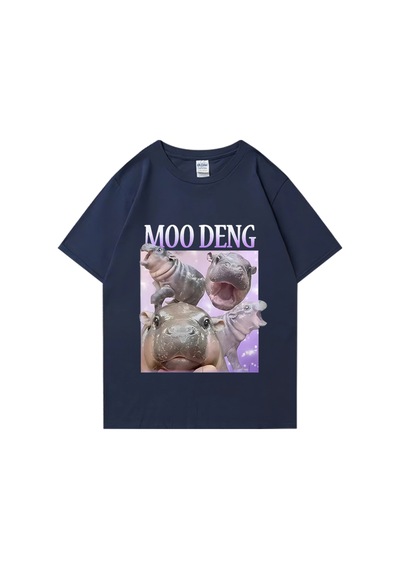 Flood Of Style Moo Deng Kabarık Domuz Tayland'da Bebek Komik Meme T-shirt Erkek Kadın Kawaii Streetwear T-sh Lacivert