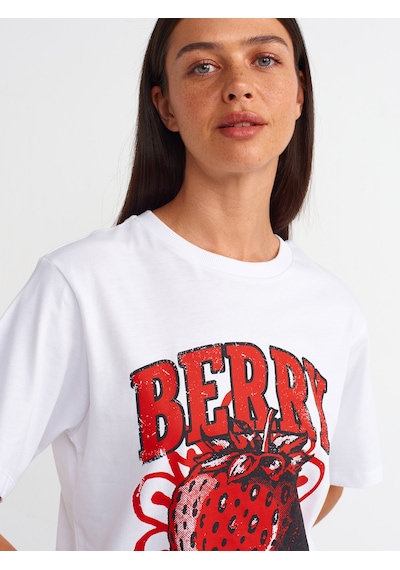 Dilvin Baskılı Bisiklet Yaka T-shirt Beyaz