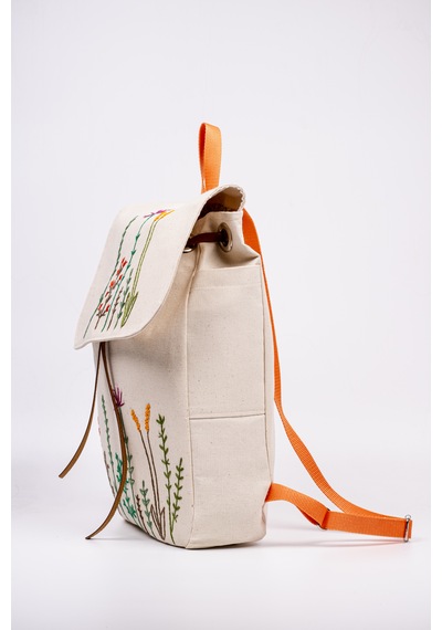 Fabric Craft Bag Sırt Çantas Kanvas Nakışlı Ayarlanabilir Krem Rengi Krem