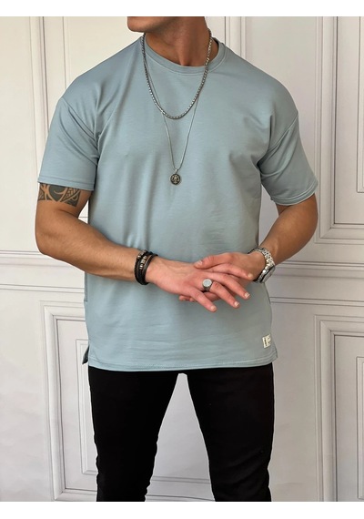 Modefendi Pamuk Likra Yırtmaç Detaylı 2 İplik Oversize Tshirt Mavi