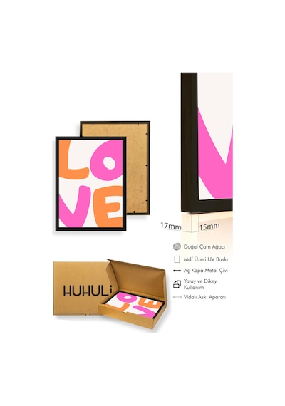 Doğal Ahşap Çerçeveli Pop Art Love Tablo - Pembe Turuncu Yazı Huhu2211