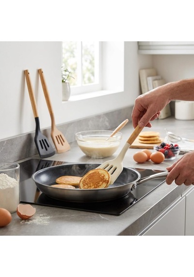 30 Cm Bambu Saplı Silikon Delikli Spatula, Yapışmaz Tava Ve Tencereler İçin Esnek Uçlu Mutfak Spatulası, Krep Omlet Balık Pancake Çevirici, 3 Renk Asorti Karışık Gönderim