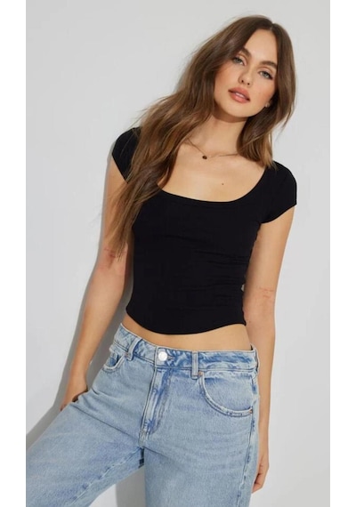 Madmext Siyah Geniş Yaka Kadın T-shirt Mg2341 Siyah
