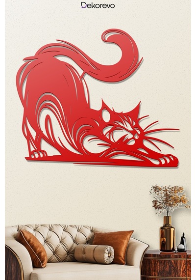 Dekoratif Metal Kedi Duvar Tablosu - Metal Duvar Sanatı - Kırmızı - 75 X 60 Cm