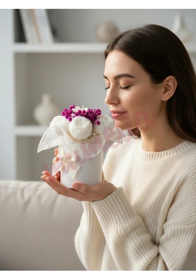 Mumelia Pastel Çiçekler - Doğal Soya Rose Gold Kutulu Mini Mum Buketi - Beyaz