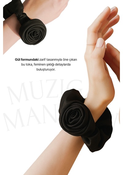 Gül Detaylı Siyah Saten Saç Tokası Muzıgae Mansıon Hair Band Siyah