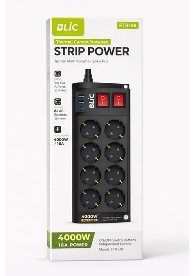 Blic Ftr-08 8 Li Akım Korumalı Priz Ve 3 Usb Girişli Çoklu Priz 2m Kablo 0.2 M