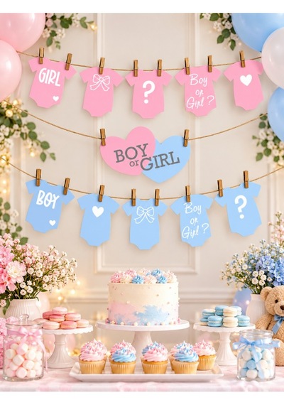 Hiras Dizayn Baby Shower İpli Banner Seti 11 Parça Kız Mı Erkek Mi Pembe Mavi Mavi - Pembe
