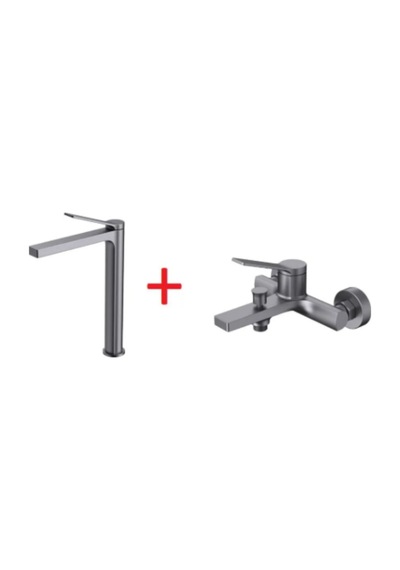 Creavit Ritmo Rt6500gr Tezgah Üstü Yüksek Lavabo + rt2500gr Banyo Bataryası Seti Metalik Gri