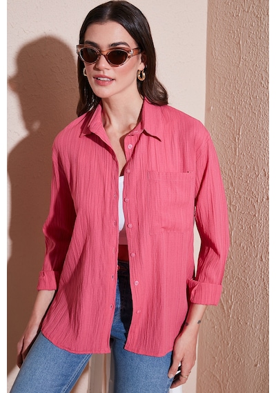 Lela Regular Fit Tek Cepli Önü Kısa Arkası Uzun Krinkıl Bayan Gömlek 6772752 Fuşya