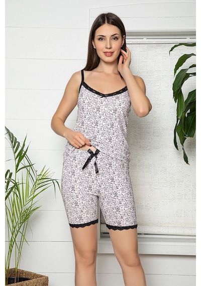 Myben Kadın Ekru Renkli Dantel Detaylı Şortlu Ve Taytlı Pijama Takımı 3'lü Set 75030 Ekru