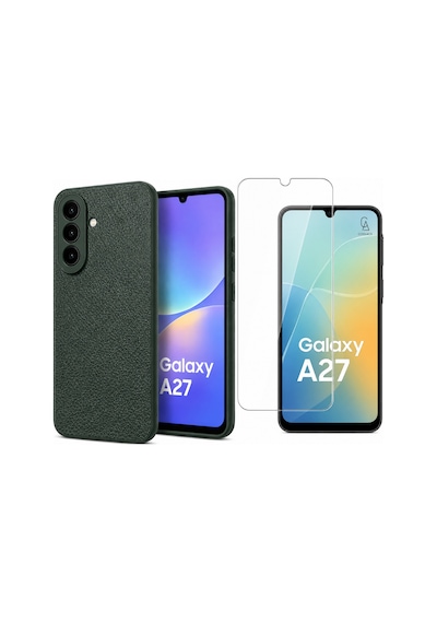 Samsung Galaxy A27 Uyumlu Deri Dokulu Silikon Telefon Kılıfı Ve Şeffaf Temperli Cam Ekran Koruyucu Koyu Yeşil