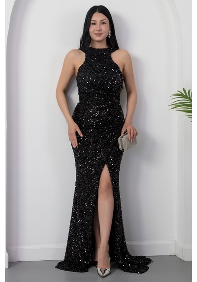 Kalopya Halter Yaka Yırtmaçlı Pulpayet Elbise Ecr5482 Siyah