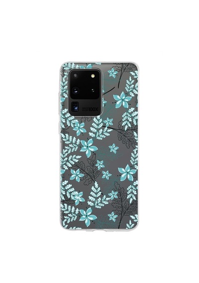 Samsung Galaxy Uyumlu S20 Ultra Kapak Floral Su Yeşili Tasarımlı Şeffaf Silikon Kılıf
