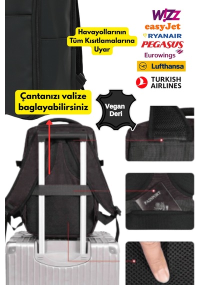 Jet Turtle Seyahat Sırt Çantası 40cm 40x25x15 Cm Pegasus, Wizz Air, Ryanair, El Valizi Koltuk Altı Valizi Vegan Deri
