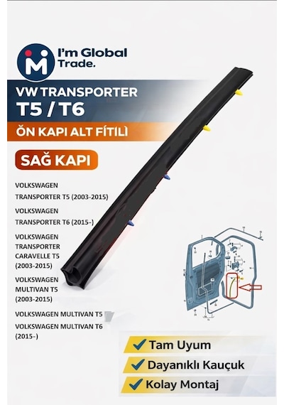 Im Global Vw Transporter T5 T6 Ön Kapı Alt Fitili Sağ 7h0837566a Kapı Fitili Kapı Lastiği