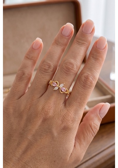 Gold Pembe Zirkon Fiyonk Çelik Yüzük Çok Renkli
