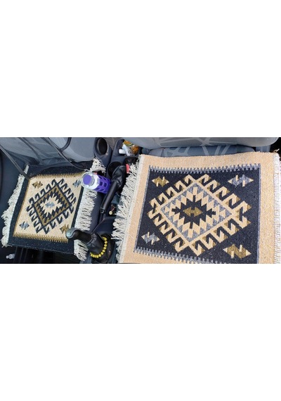 Reversible Oto Koltuk Kilim Seti 3 Parça Makine Dokuma Akrilik & Polyester Saçaklı - Siyah