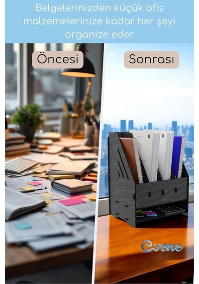 Tr Dosya Düzenleyici Masa Üstü Organizer Ahşap Evrak Rafı Siyah Mermer Renk Model 7, Eorganizer7 Genel