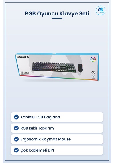 Kablolu Rgb Oyuncu Klavye Mouse Seti Siyah Usb Bağlantılı Işıklı Optik