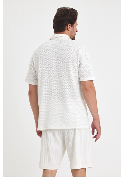 Tarz Cool Erkek Jakarlı Baklava Desenli %100 Pamuk Polo Yaka T-shirt Beyaz