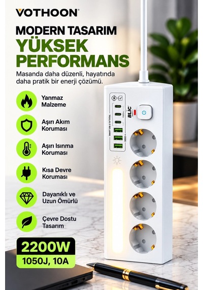 Çoklu Gece Lambalı Üçgen Priz Akım Korumalı 4 Lü Priz 3xusb 3xtype-c Çıkışlı Grup Priz Beyaz 1
