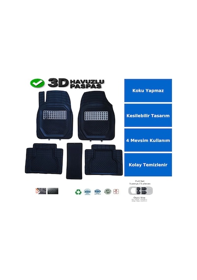 Mercedes E Serisi W213 2020 Uyumlu 3 Cm Havuzlu 5 Parça Set 3d Paspas Takımı Siyah - Gri