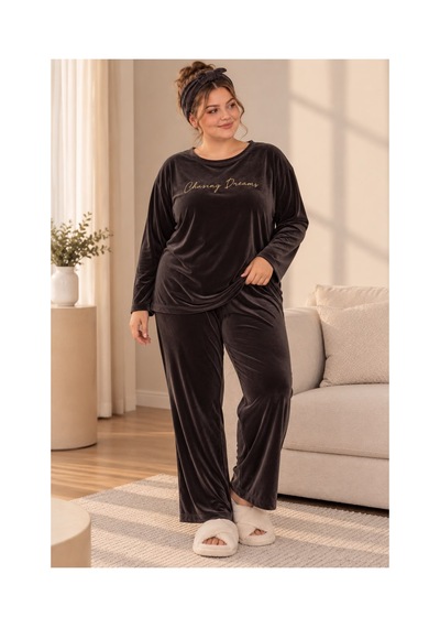 Nisanca Büyük Beden Kadife Kadın Pijama Takımı - Süper Soft Kadife Kahve