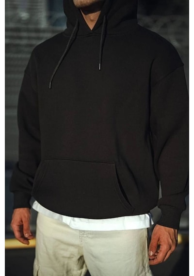 Mbb E-ticaret Erkek 3 İplik Pamuklu Kapüşonlu Basic Sweatshirt Hoodie - Siyah