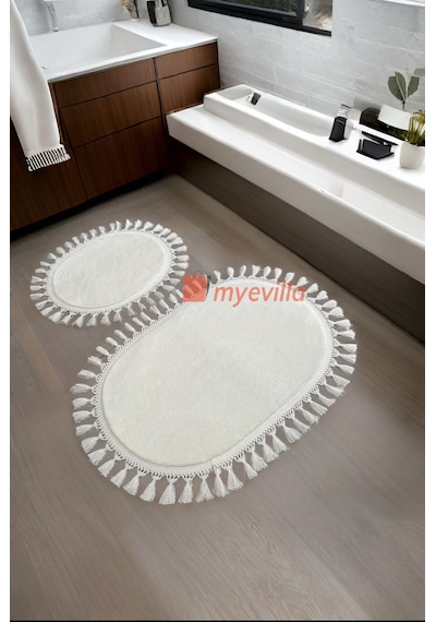 My Evilla Modern Simirna Dekoratif Peluş Oval 60x100-50x60 Ponpon Saçaklı Klozet Takımı