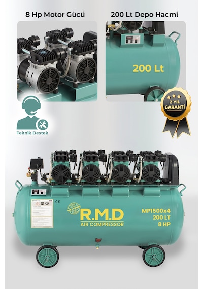 200 Lt 8 Hp 8 Bar Yüksek Emişli Yağsız Teknoloji Hava Kompresörü