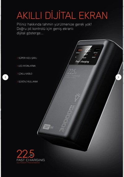 30.000 Mah 22.5w Kamp Powerbank Çift Led Fenerli Hızlı Şarj Pd30 siyah
