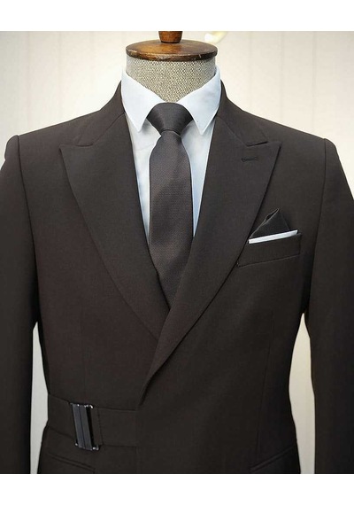 Bys Beystil Erkek Kahve Slimfit Beli Tokalı Takım Elbise