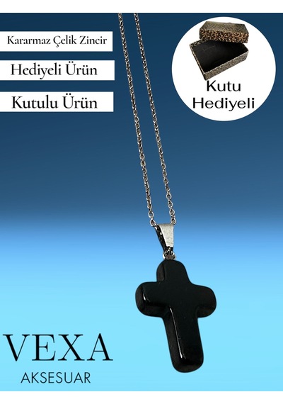 İthal Çelik Oniks Taşlı Haç Kolye - Kararmaz İthal Çelik Zincir - Özel Kutulu Hediyeli Siyah