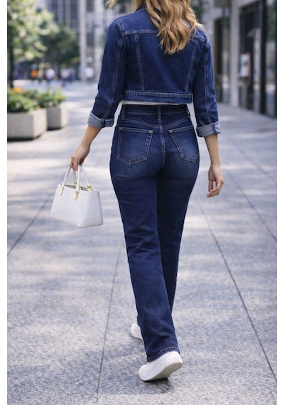 Cedy Denim Kadın Boru Paça Yüksek Bel Regular Fit Likralı Pantolon Mavi