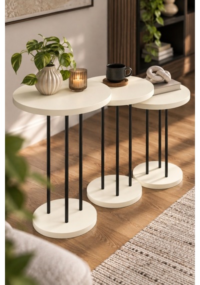 Sulorahome Metal Terra Zigon Sehpa Takımı Krem Bej 3'lü