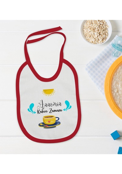 BK Kids Annemin Kahve Zamanı Tasarımlı Kırmızı Bebek Mama Önlüğü- Kırmızı