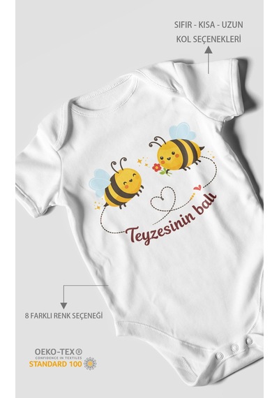 Morivokids Teyzesinin Balı Kısa Kollu Bebek Body %100 Pamuk Beyaz