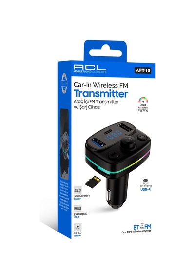 Tr Aft-10 Bluetooth 5.0 Araç İçi Fm Transmitter - 3 Portlu 2x Usb-a + 1x Usb-c Rgb Led Ekranlı Şarj Cihazı