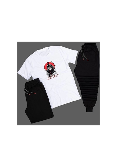 Anime Itachi Yazı Detaylı Baskılı Unisex Yazlık Şort - Normal Kalıp Tişört - Eşofman Beyaz