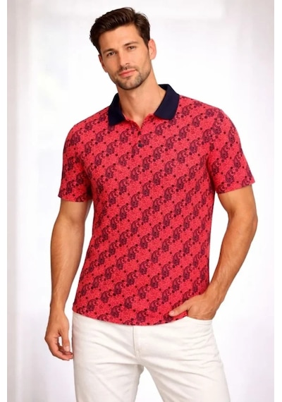 Modi Erkek Pike Kumaş Polo Yaka Palmiye Desenli Tişört Kısa Kol Yazlık T-shirt - Kırmızı - Mymg187690